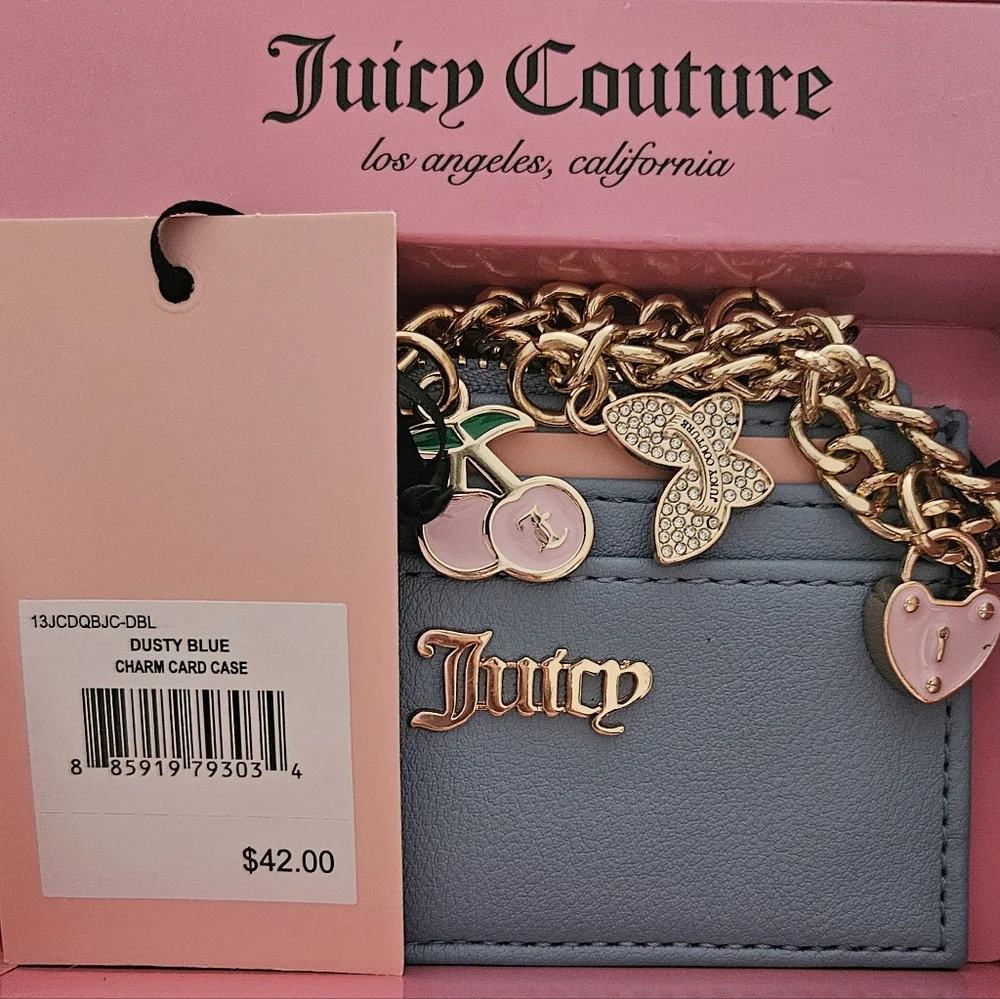 NWT Juicy Couture Blue Card Holder with Gold Zipper & Accents